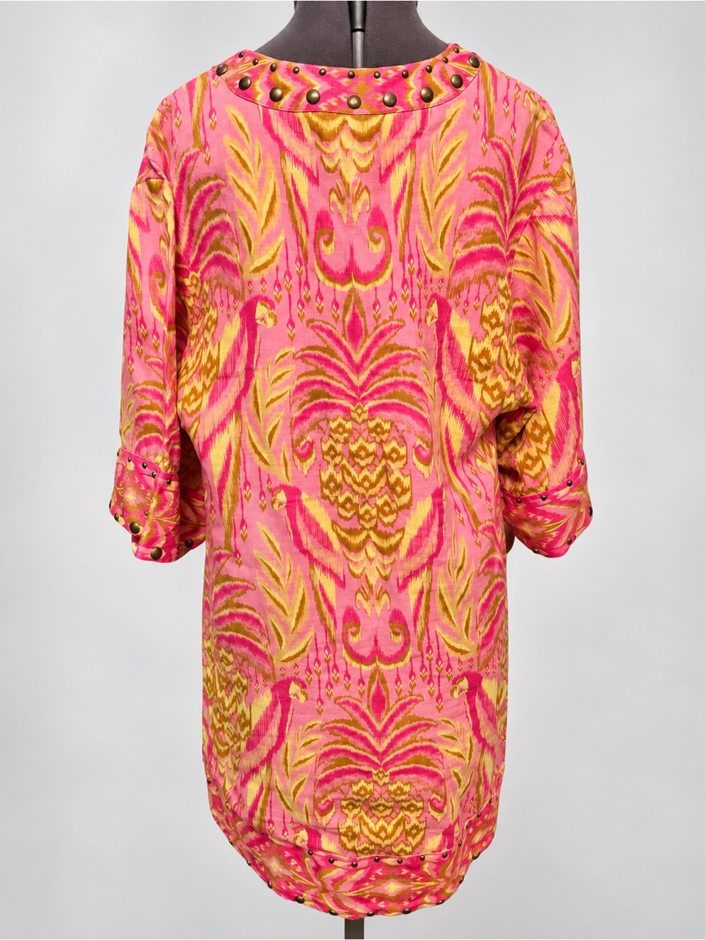 FARM Rio Pineapple Tapestry Studded Linen Tunic Mini Dress Pink Boho Resort - Picture 5 of 9
